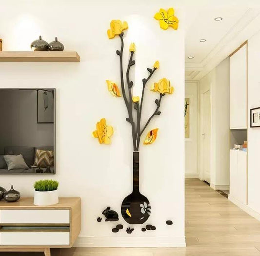 Black Vase And Yellow Flowers Wall Stickers Wooden+ Acrylic