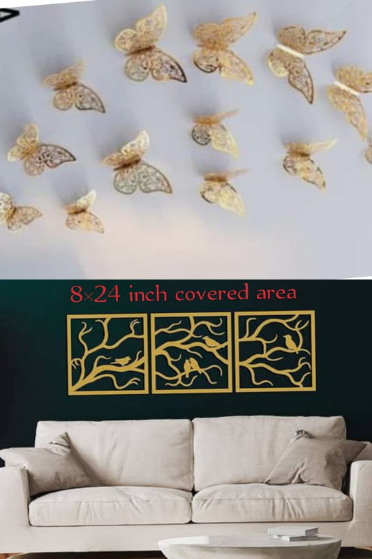 (best Deal ) Tree Art + (12pcs) 3d Butterfly Stickers Wall Decorations Golden Color